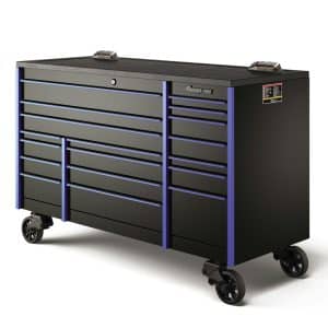 KTL1023ABLS8 — 72" 18-Drawer Triple-Bank Masters Series Bed Liner Top Roll Cab (Gloss Black, Sky Blue Trim with Blackout Details)